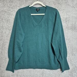 Talbots Cashmere Sweater Women 2X Green VNeck Puff Sleeve Elevated Minimal